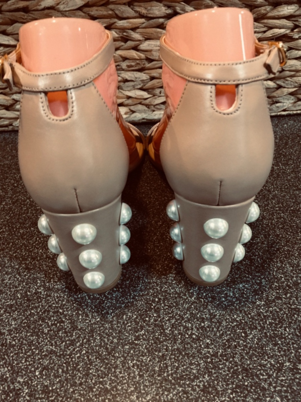 Stuart Weitzman Nude Beige Pearl-Embellished Block Heel Sandals - Picture 10 of 15
